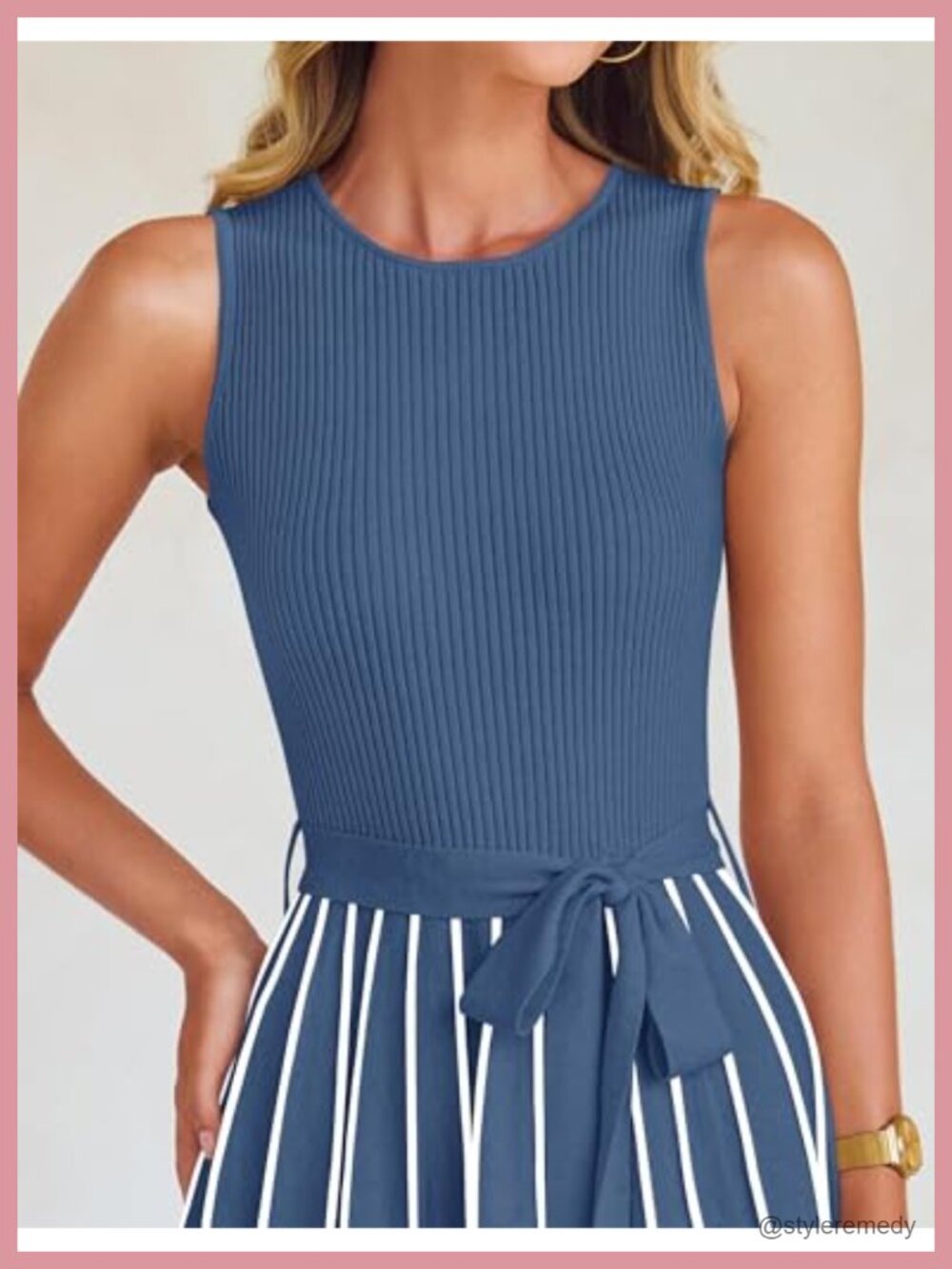 Sleeveless Ribbed Knit Maxi Dress with Belt, Striped A-Line Flowly - Picture 3 of 6
